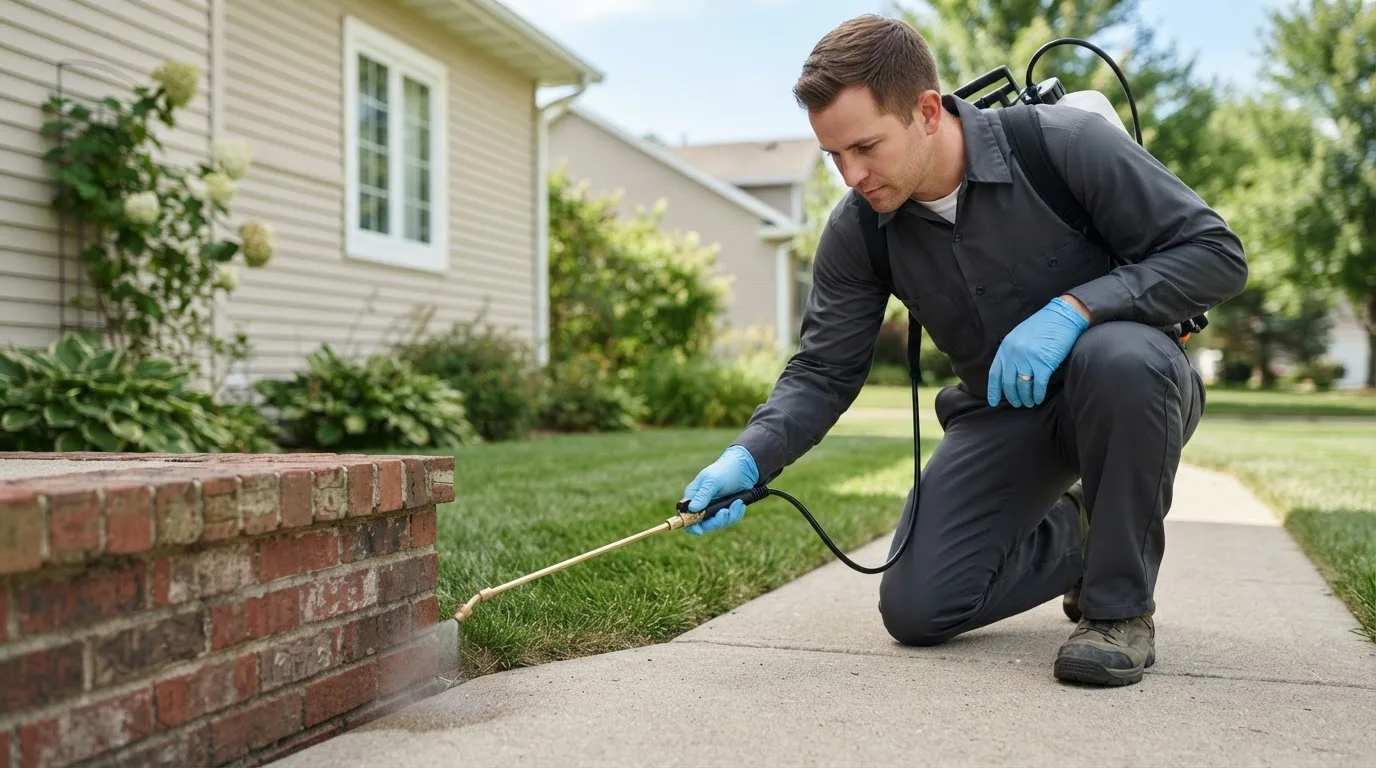 Pest control technician treating a home near Krebs, OK