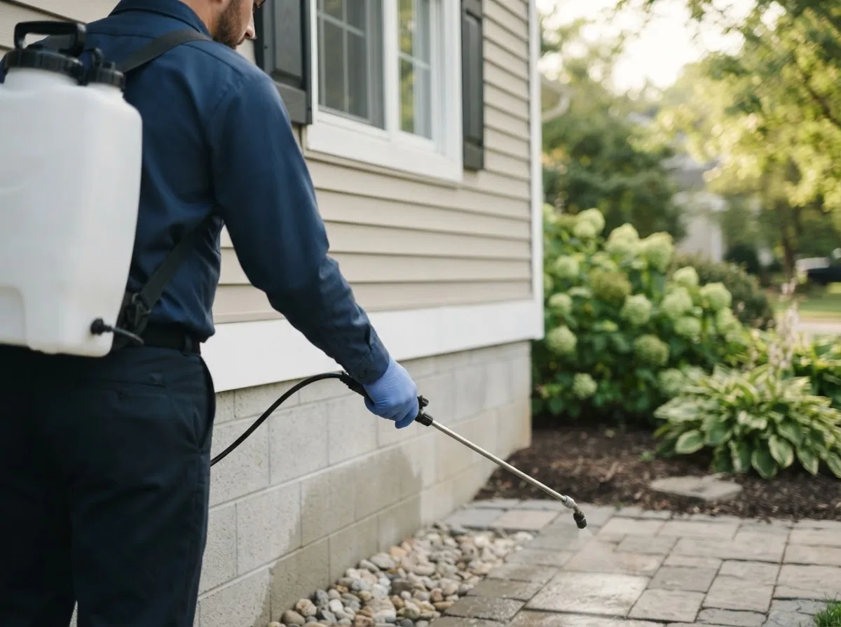 Pest control technician inspecting a home in Krebs, OK